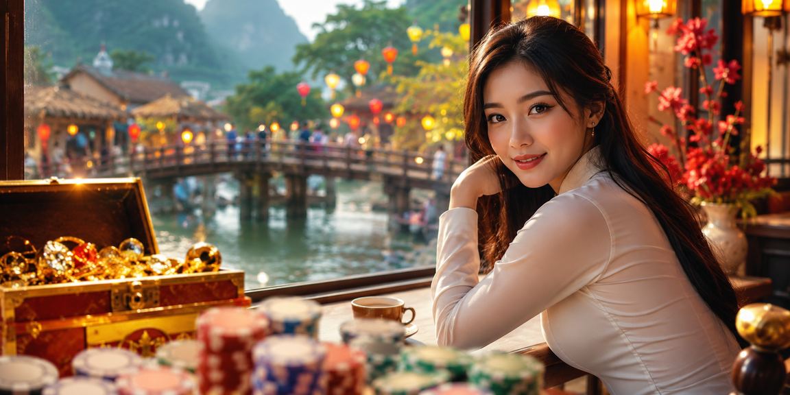 Khung cảnh Ninh Bình với người dùng tra cứu thông tin hoàn tiền và khuyến mãi trên điện thoại
