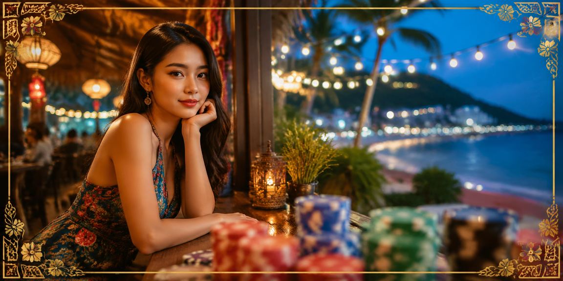 Khung cảnh Phú Quốc với người dùng theo dõi kết quả cá cược trên điện thoại bên tách cà phê
